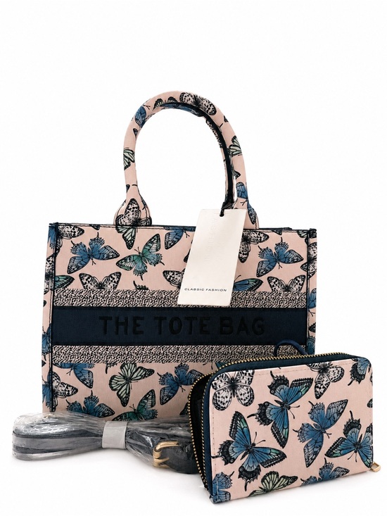 Classic Fashion Collection Handbags - NWT: Classic Fashion Mini The Tote Bag Butterfly Print Tote in Cream and Blue